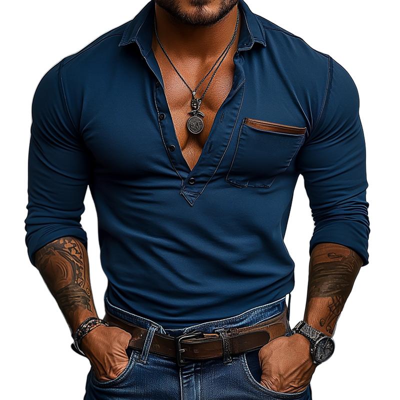 Polo à manches longues et revers de couleur unie pour homme avec poche poitrine 73059449Z