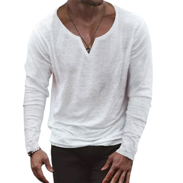 Men's Solid Color Cotton Blend V-neck Long-sleeved T-shirt 66392269X