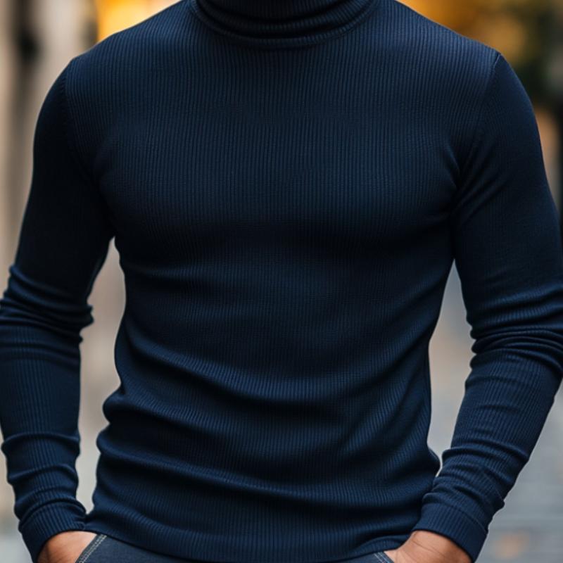 Men's Slim Fit Solid Color High Collar Ribbed Bottom Long Sleeve T-shirt 29955115F