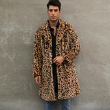 Men's Classic Casual Leopard Plush Faux Fur Suit Collar Mid-Length Coat 66169813K