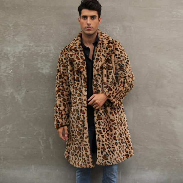 Men's Classic Casual Leopard Plush Faux Fur Suit Collar Mid-Length Coat 66169813K