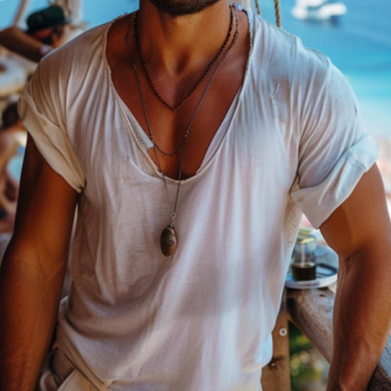 Men's Casual V-neck Thin Cotton Blended Short Sleeve T-shirt 33876844M