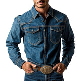 Men's Washed Denim Button-Down Long Sleeve Shirt 32263604U