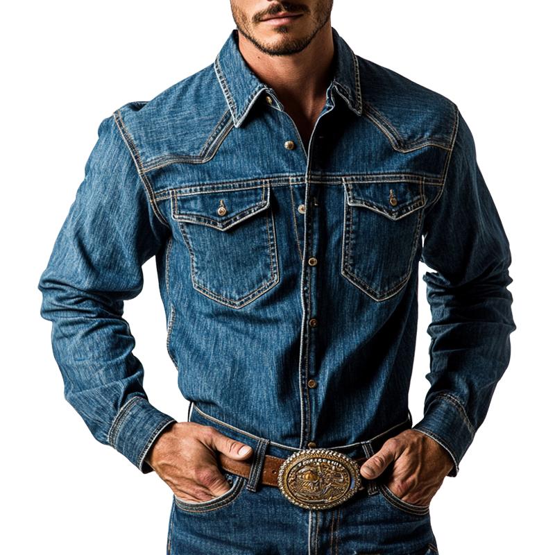 Men's Washed Denim Button-Down Long Sleeve Shirt 32263604U