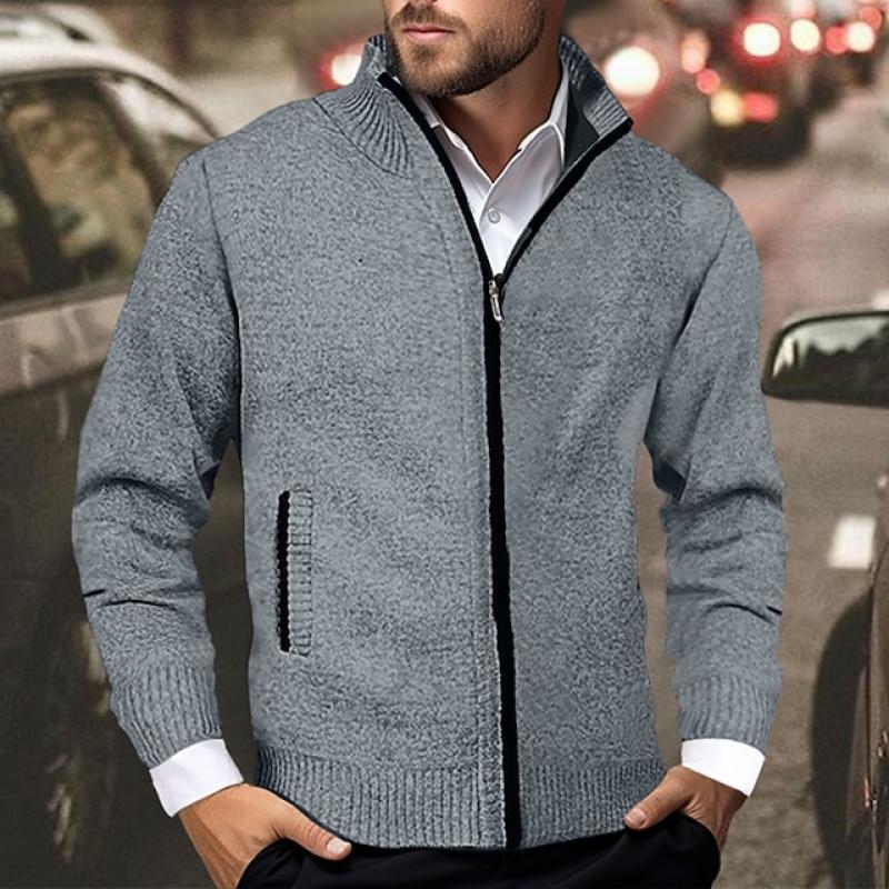 Men's Casual Stand Collar Colorblock Long Sleeve Zipper Knitted Cardigan 20949799M