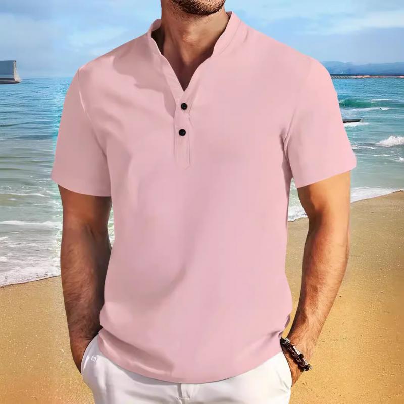 Men's Casual Cotton Linen Blend Henley Collar Short Sleeve Shirt 24699260M