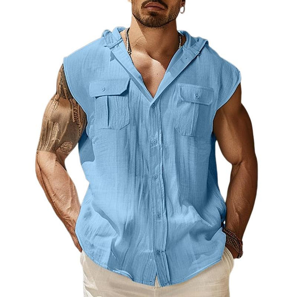 Men's Solid Color Double Pocket Cotton And Linen Sleeveless Hooded Shirt 07272122Y