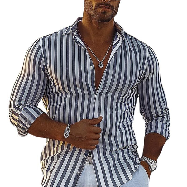 Men's Resort Striped Printed Cotton and Linen Long-sleeved Shirt 55370935X