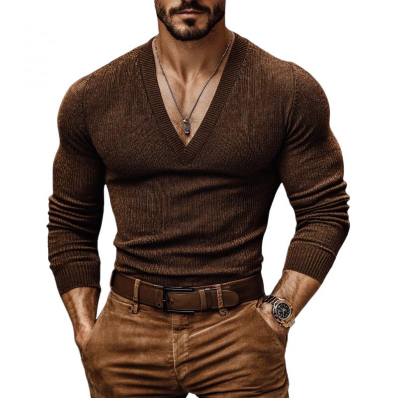 Men's Vintage Deep V Neck Solid Color Slim Fit Knit Sweater 84276541M