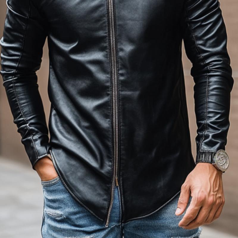 Men's Casual Fashion Round Neck Zipper Slim Leather Long Sleeve T-Shirt 28731356K