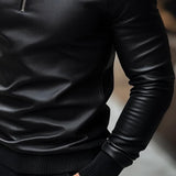 Men's Classic Casual Knitted Stand Collar Zipper Leather Long Sleeve Polo Shirt 03559024K