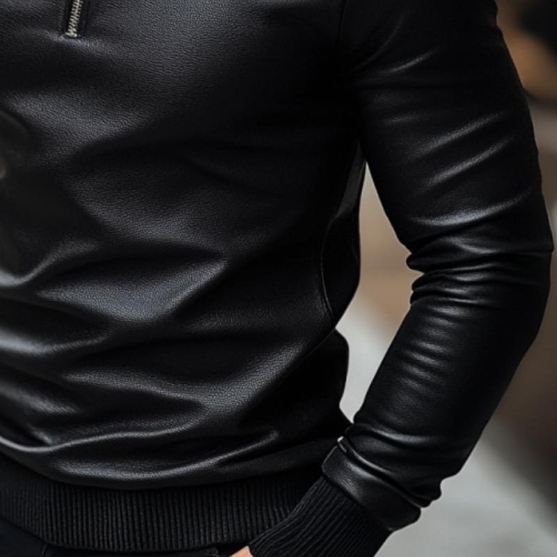 Men's Classic Casual Knitted Stand Collar Zipper Leather Long Sleeve Polo Shirt 03559024K