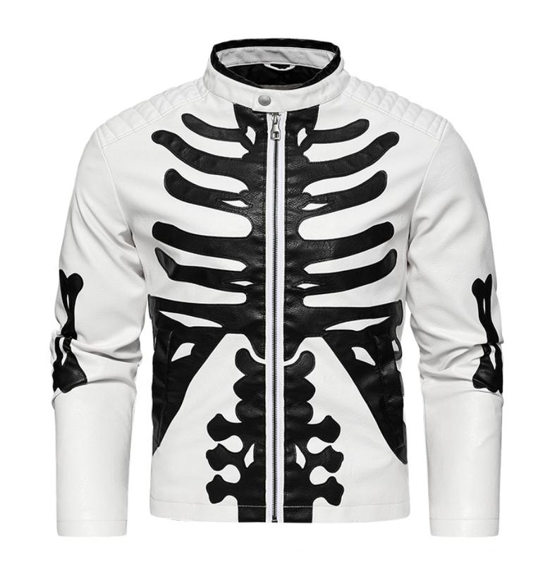 Men's Stylish Contrast Color Skull Embroidered Stand Collar Motorcycle Leather Jacket 86202456M