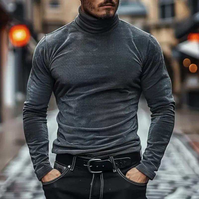 Men's Casual Corduroy Thin Turtleneck Slim Fit Long Sleeve T-Shirt 62038116Y