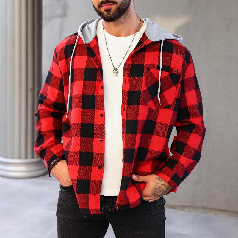 Men's Casual Plaid Long Sleeve Hoodie Jacket 91542016X