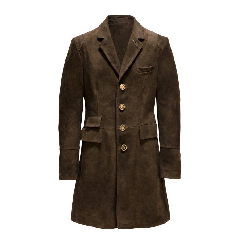 Men's Vintage Suede Lapel Multi-Pocket Single-Breasted Mid-Length Coat 07038109Y