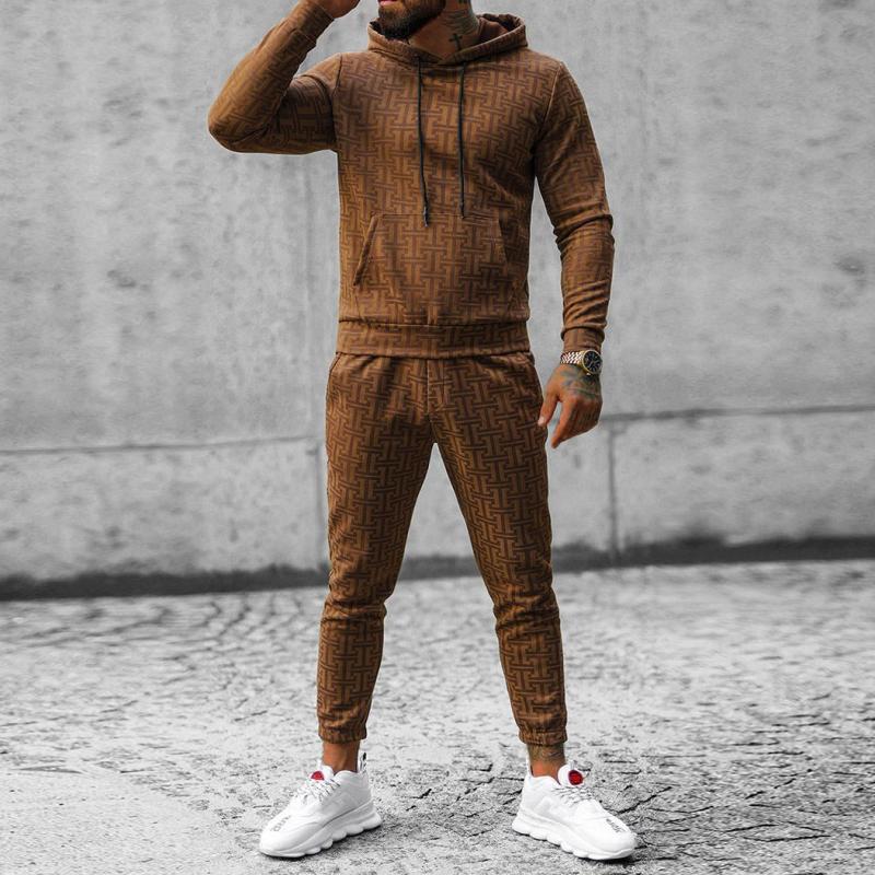 Men's Print Slim Hoodie And Trousers Sports Casual Set 37079782Z