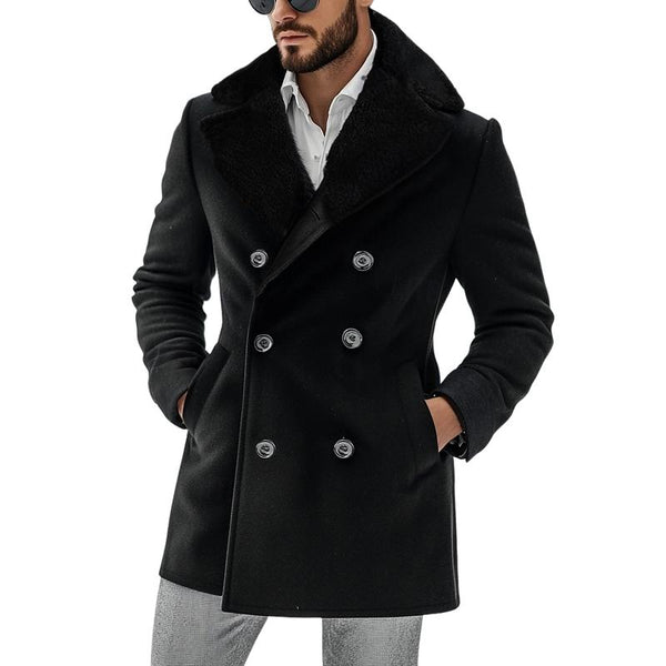 Men's Vintage Wool Plush Collar Double Breasted Mid-length Coat 61310598Y