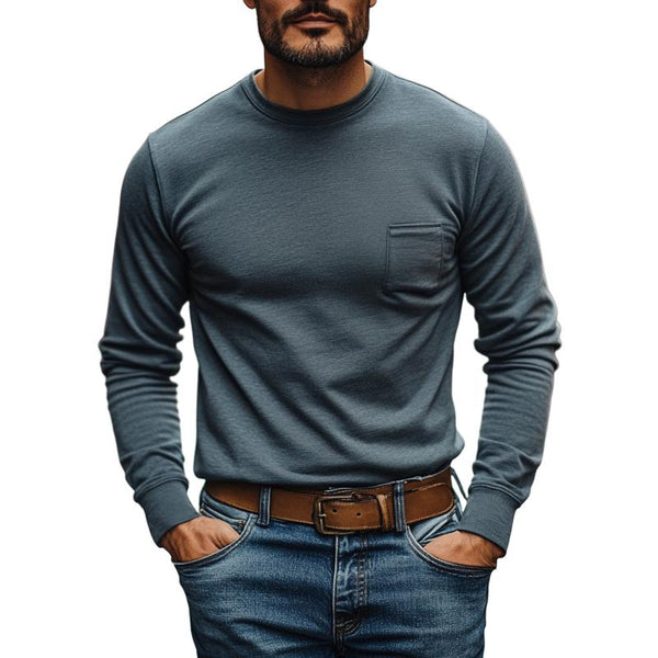 Men's Casual Cotton Blended Round Neck Patch Pocket Slim Fit Long Sleeve T-Shirt 62533181M