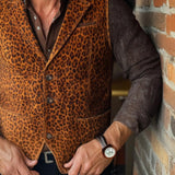 Men's Vintage Suede Leopard Print Lapel Single Breasted Vest 80388224Y