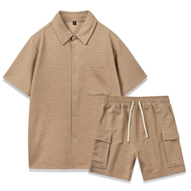 Men's Solid Color Textured Lapel Short Sleeve Shirt Shorts Casual Set 80118777Z