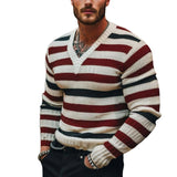 Men's Casual Colorblock Striped Knit V-Neck Slim Fit Sweater 82372153Y