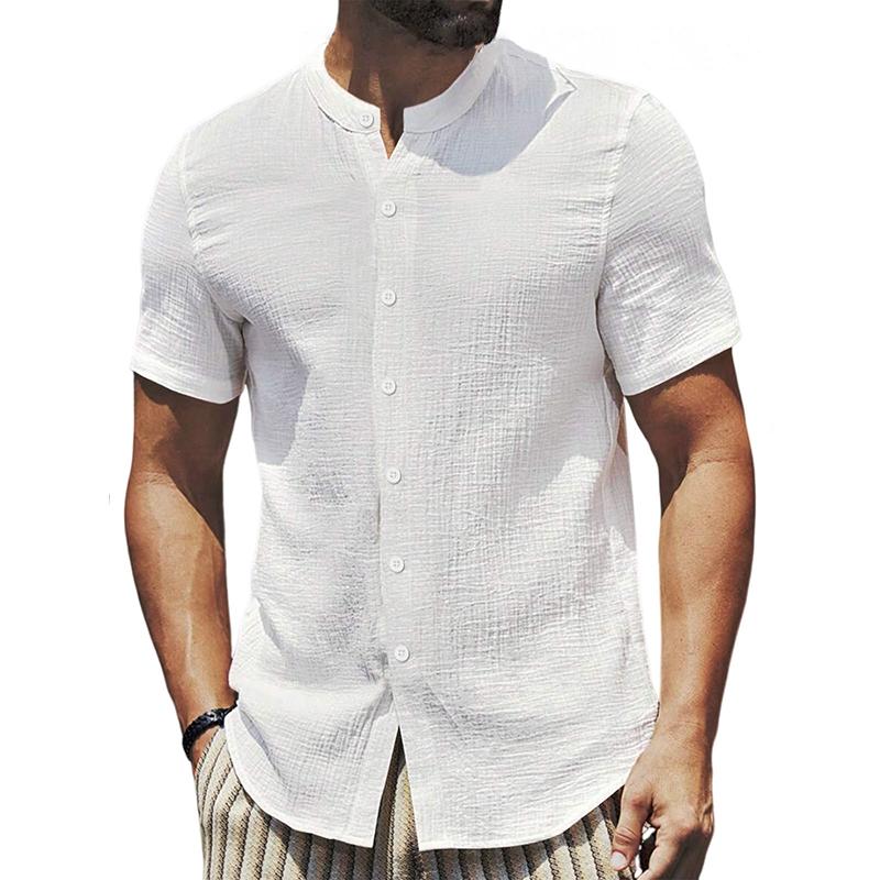 Men's Solid Stand Collar Short Sleeve Casual Shirt 01419799Z