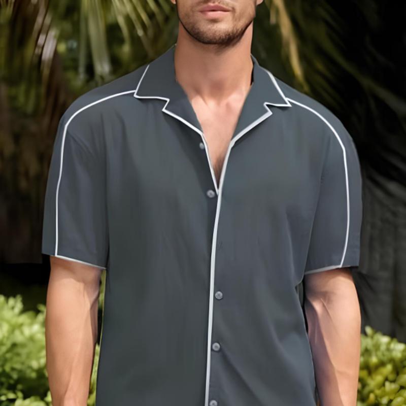 Men's Color Block Lapel Single Breasted Short Sleeve Shirt 04575959Y