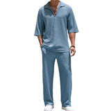 Men's Solid Loose Lapel Short Sleeve Shirt Trousers Casual Set 78019687Z