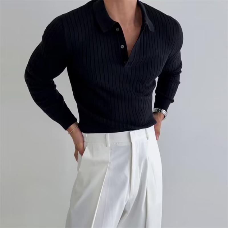 Men's Solid Color Striped Lapel Long Sleeve Knit Polo Shirt 46672005Z