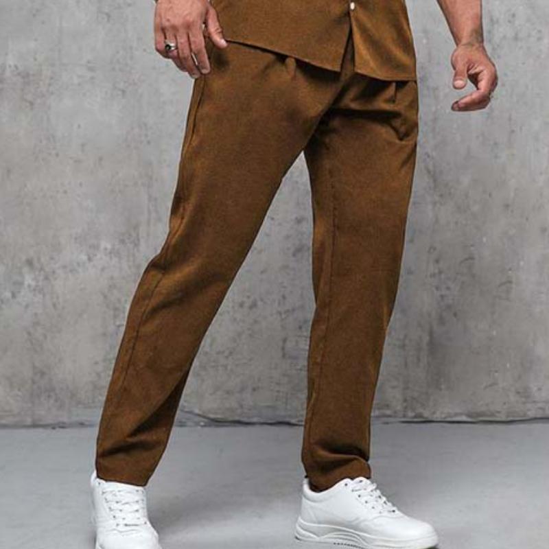 Men's Classic Casual Slim Fit Multi-Pocket Long Sleeve Shirt Elastic Waist Casual Pants Suede Set 00630283K