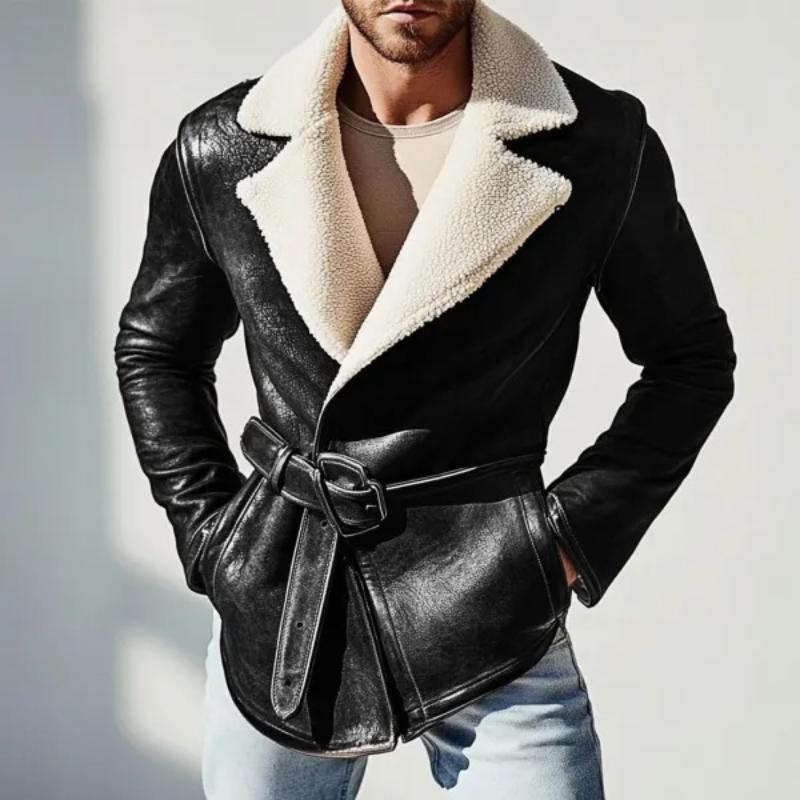 Men's Retro Casual Solid Color Leather Plush Lapel Coat 35109121TO