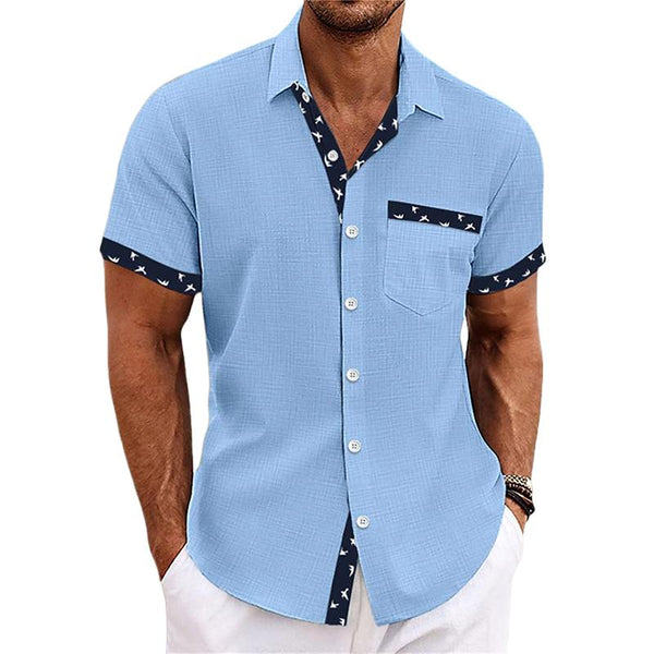 Men's Cotton and Linen Printed Lapel Short-sleeved Shirt 86727274X