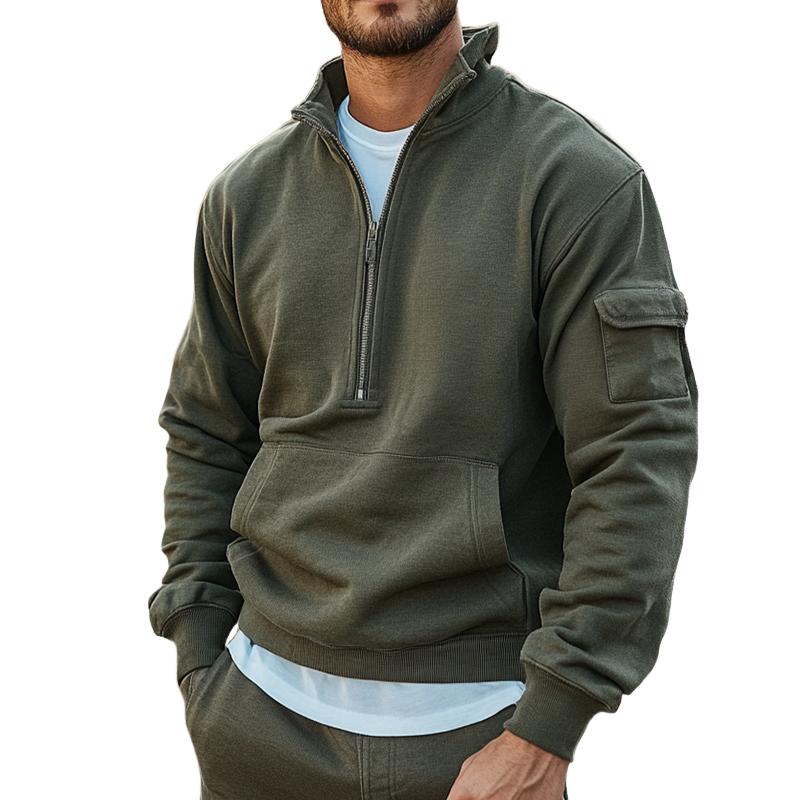 Men's Retro Casual Solid Color Washed Zipper Neck Sweatshirt 61826747TO