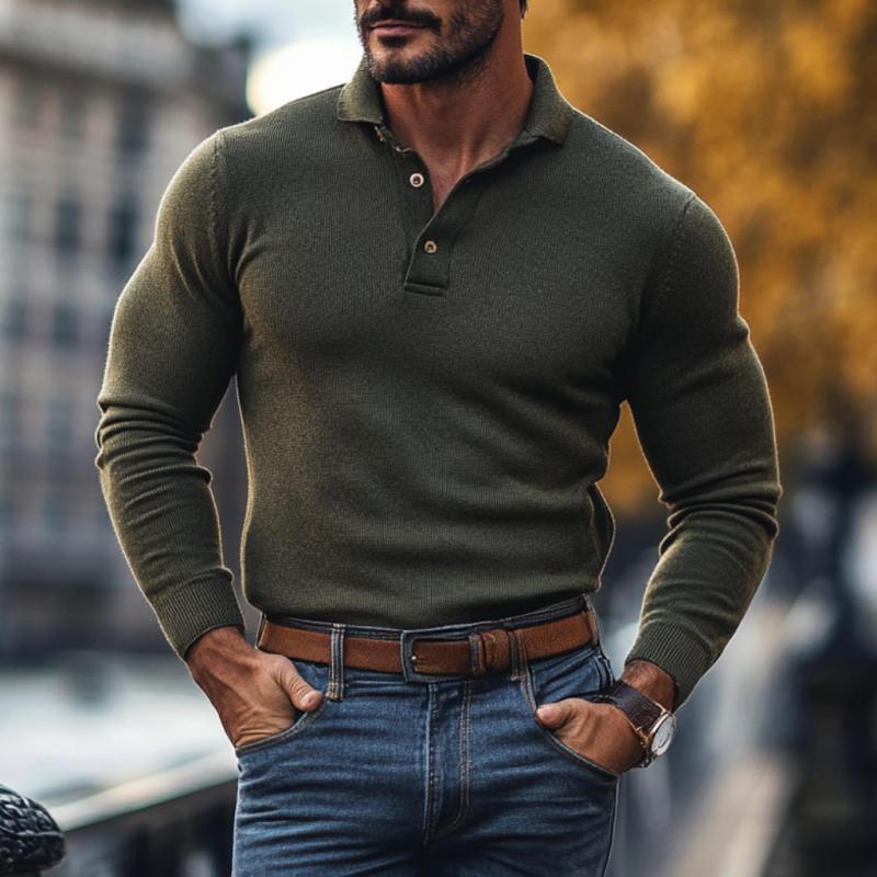 Men's Casual Solid Color Lapel Slim Fit Knit Polo Sweater 00867766M