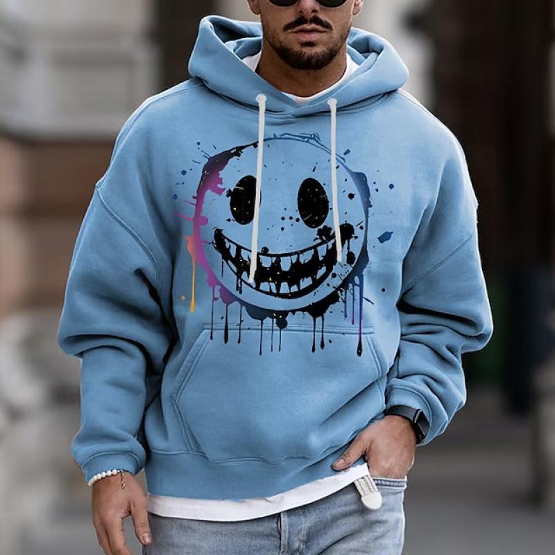 Sudadera con capucha informal con bolsillo y estampado de cara sonriente para hombre 36214627Z