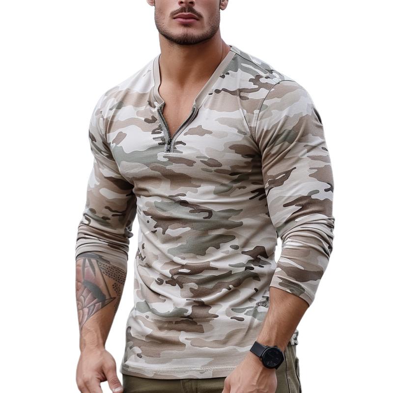 Men's Casual Camouflage Zipper V-Neck Slim Fit Long Sleeve T-Shirt 31030279M