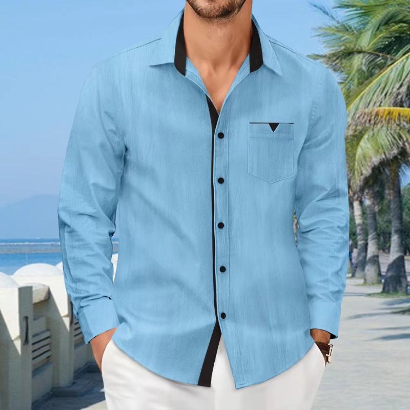 Men's Colorblock Lapel Chest Pocket Long Sleeve Shirt 46290812Y
