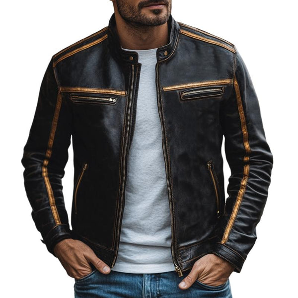 Men's Vintage Fashion Color Matching Multi-Pocket Leather Jacket 85399893Y