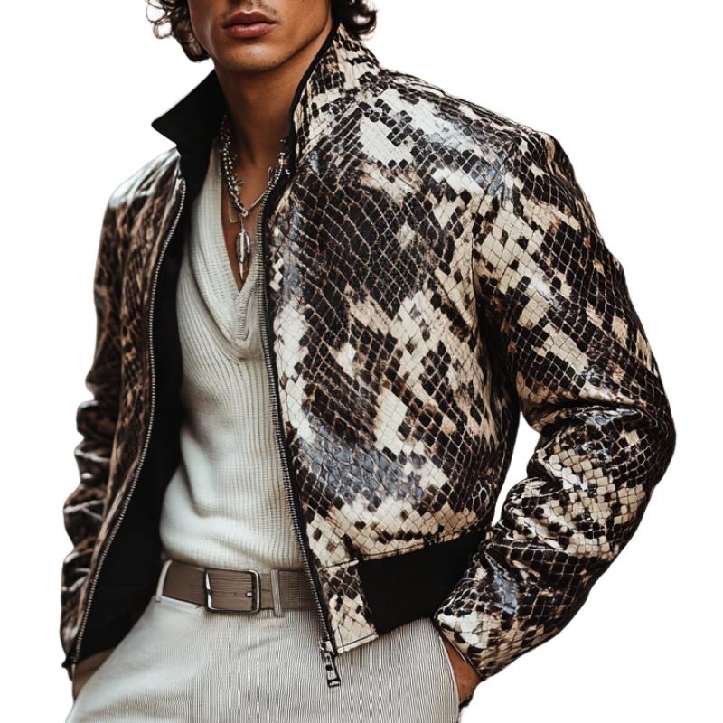 Men's Casual Stand Collar Zipper Python Textured Leather Jacket 12293266F