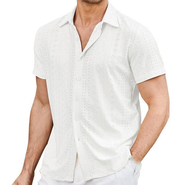 Men's Solid Hollow Out Lapel Short Sleeve Casual Shirt 30483388Z