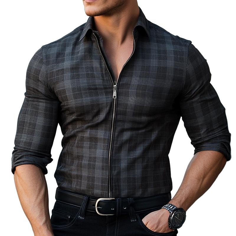 Men's Retro Casual Plaid Lapel Zipper Long Sleeve Shirt 29046508TO