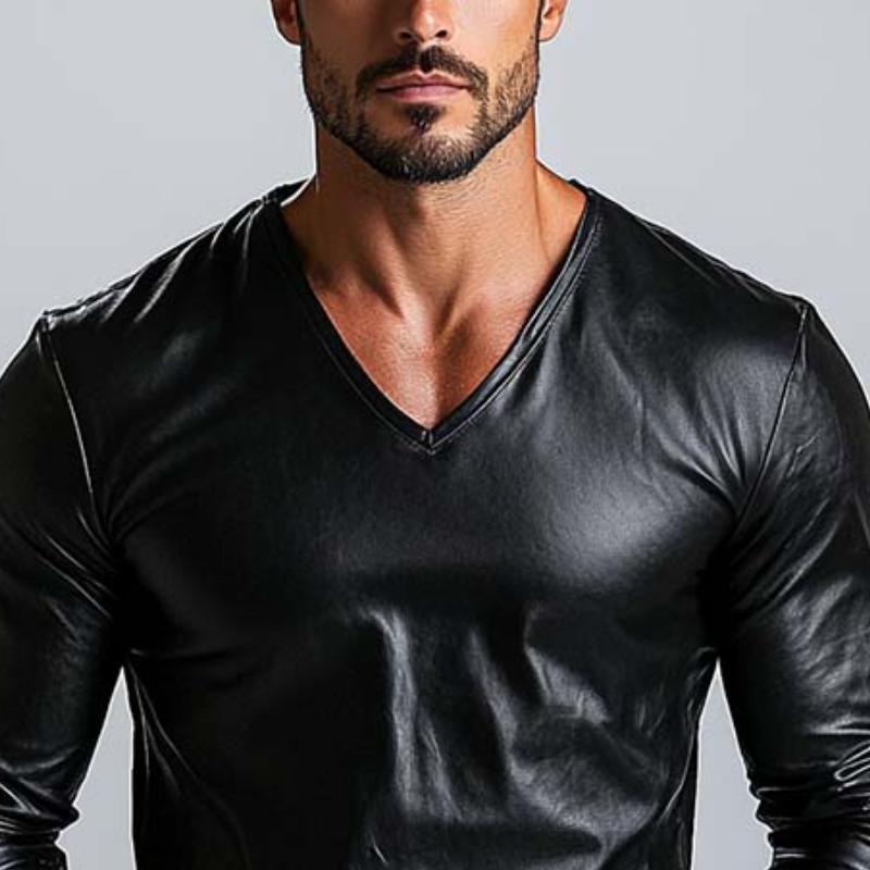 Men's Classic Casual V-Neck Leather Long Sleeve T-Shirt 07271932K