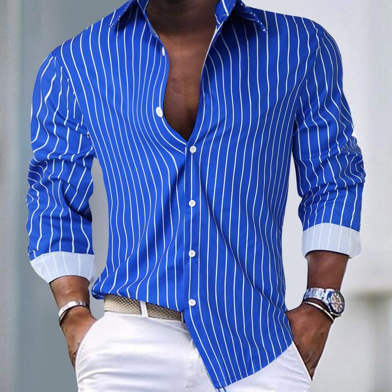 Men's Casual Striped Lapel Single Breasted Long Sleeve Shirt 24551324M