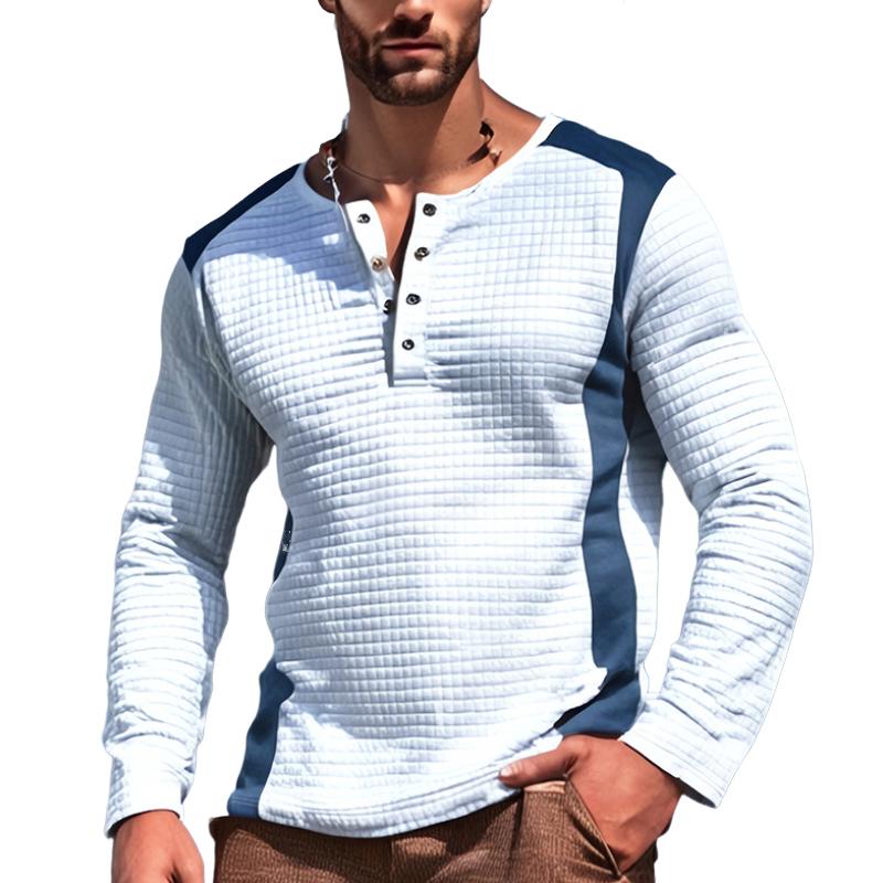 Men's Color Block Waffle Button Round Neck Long Sleeve Sweatshirt 36338962Y