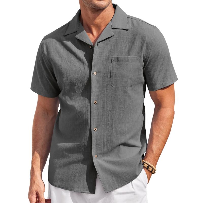 Men's Casual Cotton Linen Lapel Patch Pocket Slim Fit Short Sleeve Shirt 88052441M