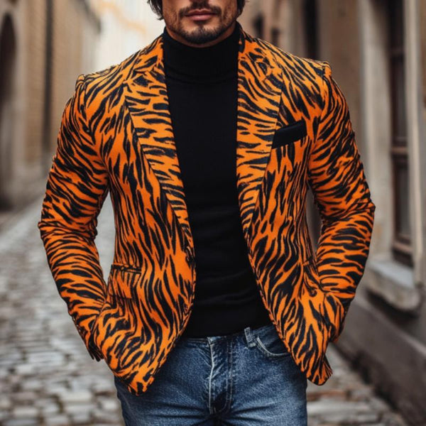 Men's Stylish Notch Lapel Tiger Pattern Print Single Breasted Slim Fit Blazer 36180217M