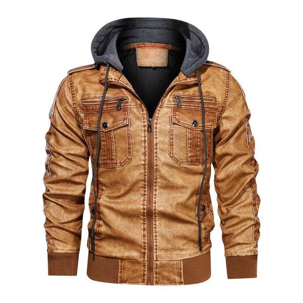 Men's Leather Jacket with Detachable Hood 46304664F