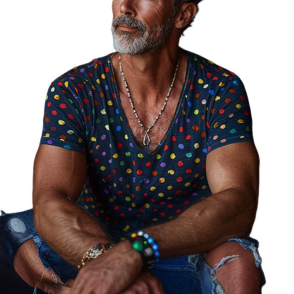 Men's Colorful Polka Dot Print V-Neck Short-Sleeved T-Shirt 76967760Y