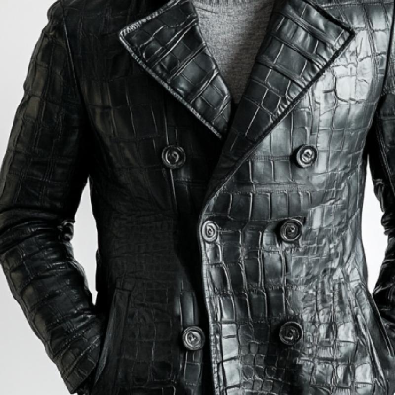 Men's Vintage Crocodile Lapel Double Breasted Mid-Length Leather Trench Coat 87804062Y